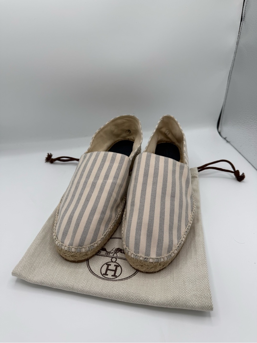 Hermes Striped Espadrille Slip-Ons with Logo Dust Bag size 44